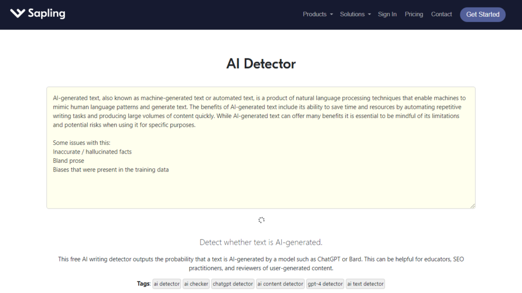 sapling simple AI content detector tools